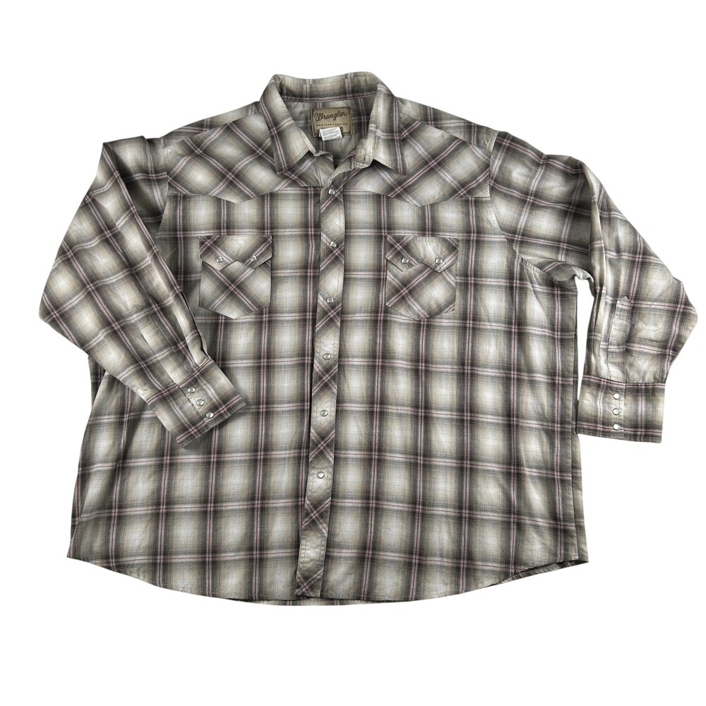 Wrangler Shirt Mens 3XL Plaid Western Snap Pearl Button Long Sleeve Brown 3TG